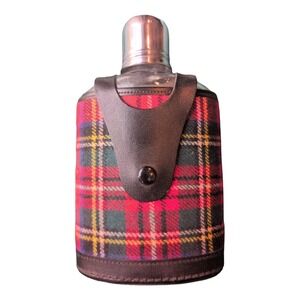 Vintage glass Hip Flask Red Wool Tartan Plaid Top Grain Cow Hide Holster Flaw